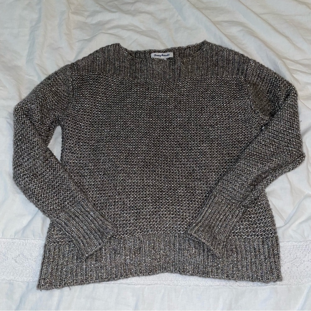 Tommy Bahama SMALL Tan Brown Metallic Sweater boatneck bling bling wool blend